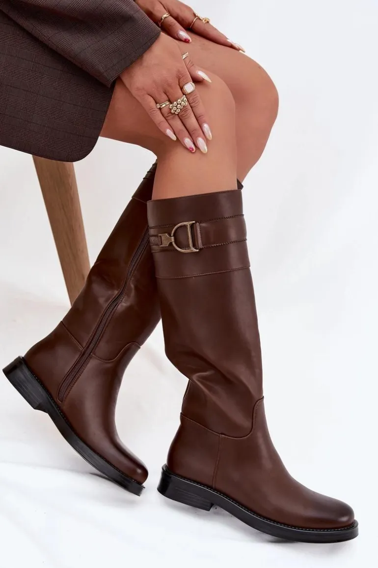 Kozaki Damskie Na Płaskim Obcasie Z Ozdobnym Detalem Brązowe Arvessa