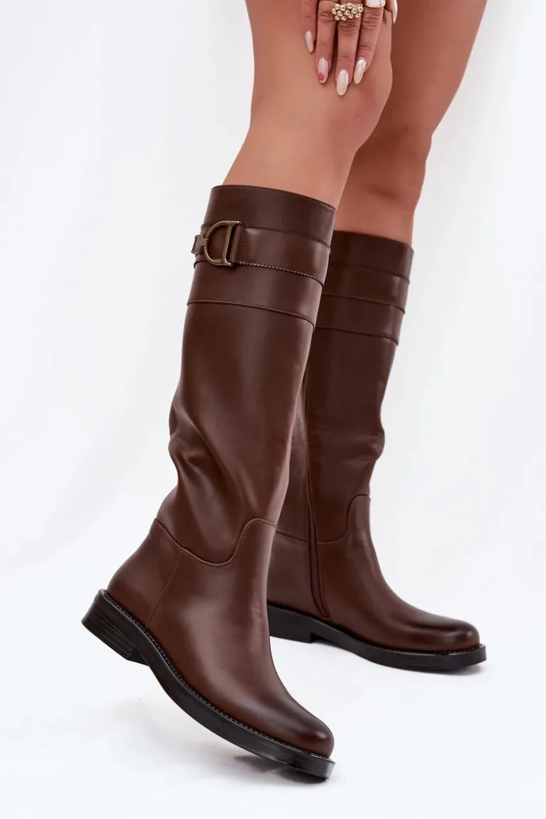 Kozaki Damskie Na Płaskim Obcasie Z Ozdobnym Detalem Brązowe Arvessa