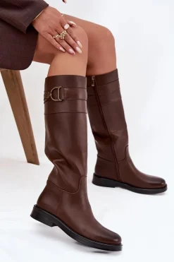 Kozaki Damskie Na Płaskim Obcasie Z Ozdobnym Detalem Brązowe Arvessa