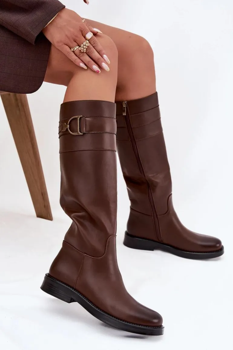 Kozaki Damskie Na Płaskim Obcasie Z Ozdobnym Detalem Brązowe Arvessa