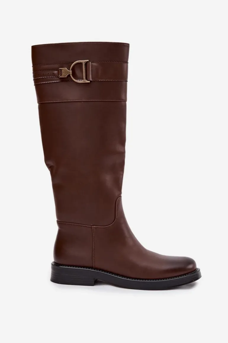 Kozaki Damskie Na Płaskim Obcasie Z Ozdobnym Detalem Brązowe Arvessa