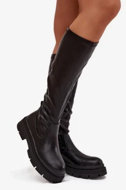 Kozaki Damskie Na Platformie Z Eko Skóry Czarne Marivelle