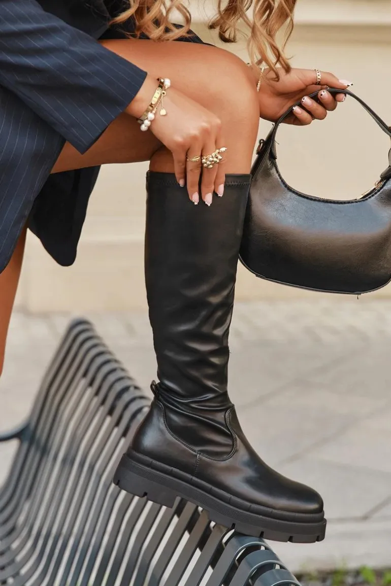 Kozaki Damskie Na Platformie Z Eko Skóry Czarne Marivelle