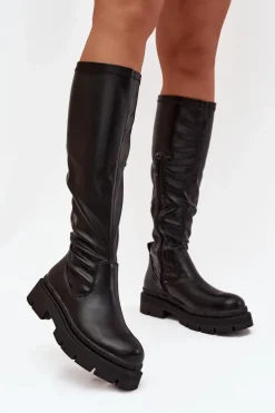 Kozaki Damskie Na Platformie Z Eko Skóry Czarne Marivelle