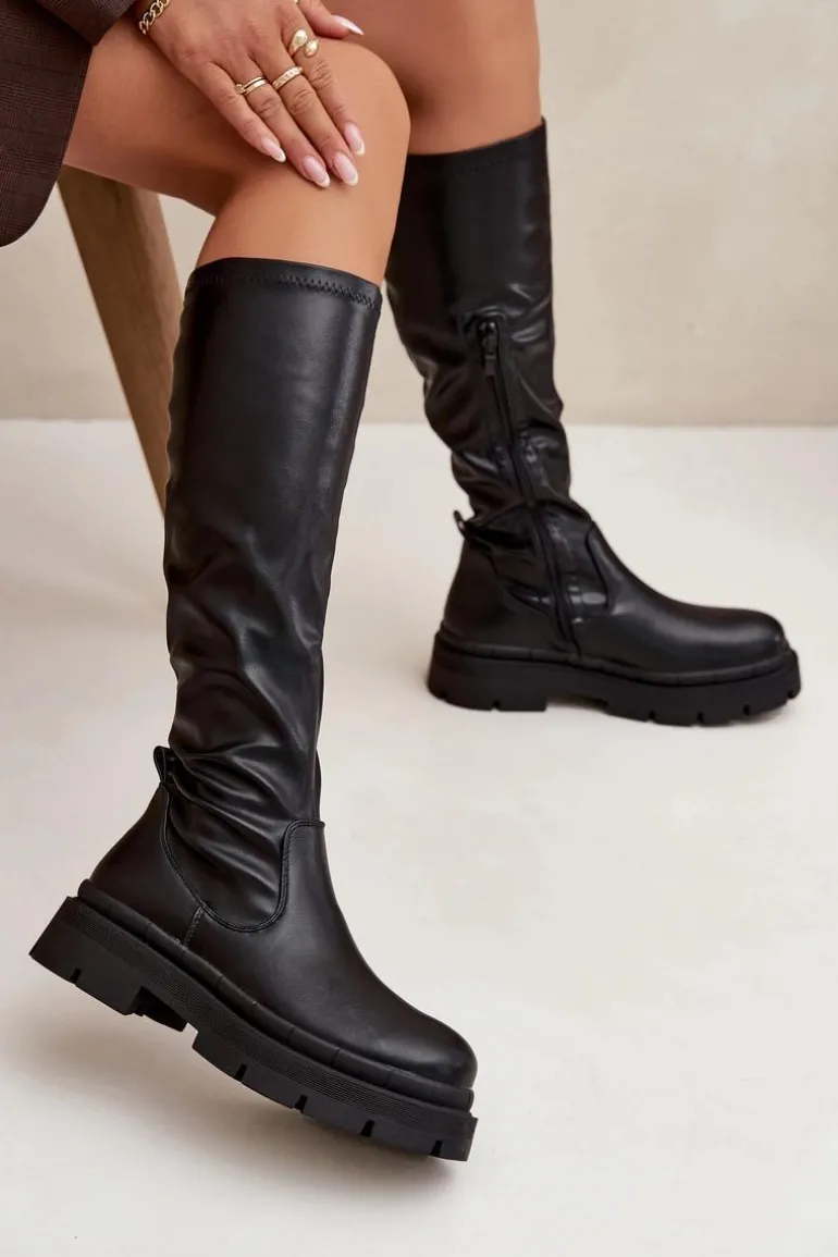 Kozaki Damskie Na Platformie Z Eko Skóry Czarne Marivelle