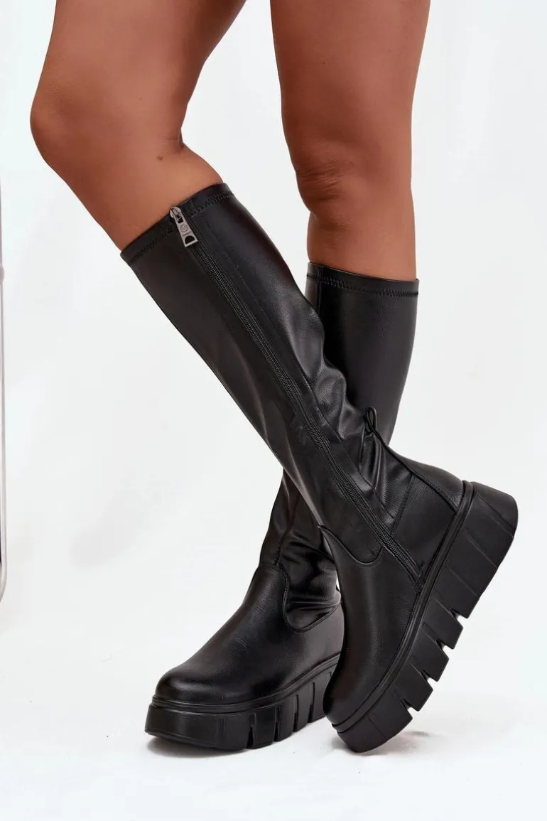 Kozaki Damskie Na Platformie Na Zamek Vinceza 58553 Czarne