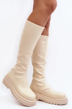 Kozaki Damskie Na Platformie Z Suwakiem GOE MM2N4067 Jasnobeżowe