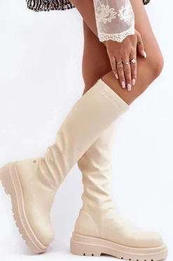 Kozaki Damskie Na Platformie Z Suwakiem GOE MM2N4067 Jasnobeżowe