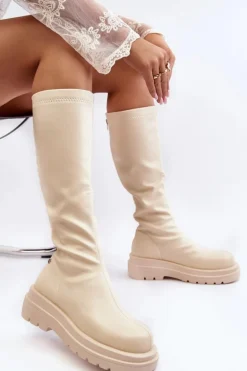 Kozaki Damskie Na Platformie Z Suwakiem GOE MM2N4067 Jasnobeżowe