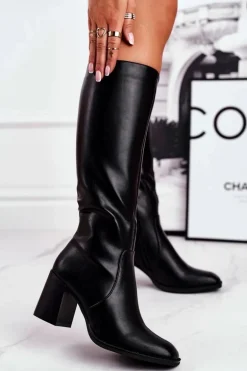 Kozaki Damskie Na Słupku Ciepłe Czarne Veronique