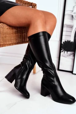 Kozaki Damskie Na Słupku Ciepłe Czarne Veronique