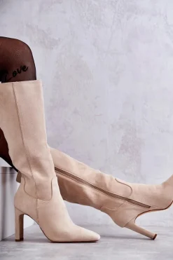 Kozaki Damskie Na Słupku Do Kolana Beżowe Truly Love