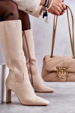 Kozaki Damskie Na Słupku Do Kolana Beżowe Truly Love