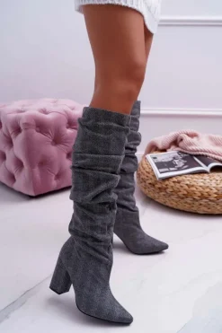 Kozaki Damskie Na Słupku Do Kolan Szare Termen