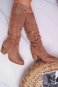 Kozaki Damskie Na Słupku Do Kolana Zamszowe Beżowe Lemane