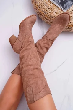 Kozaki Damskie Na Słupku Do Kolana Zamszowe Beżowe Lemane