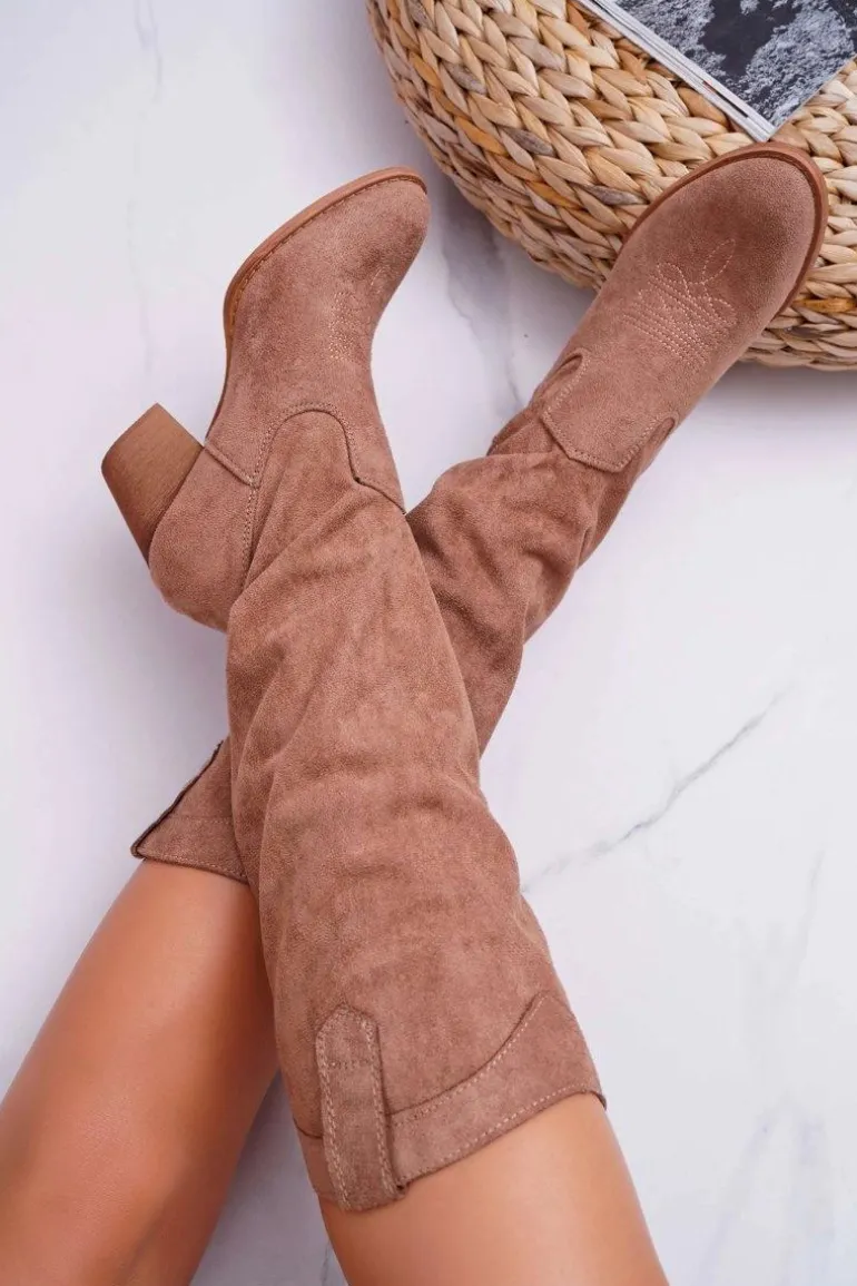 Kozaki Damskie Na Słupku Do Kolana Zamszowe Beżowe Lemane