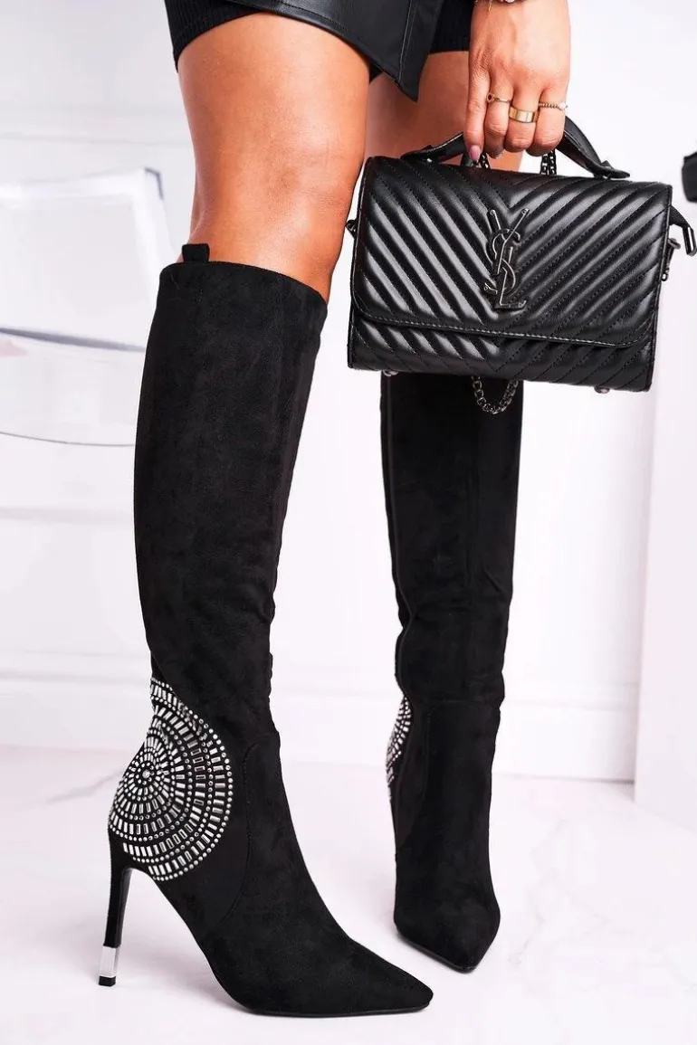 Kozaki Damskie Na Słupku Do Kolana Czarne Fashionable