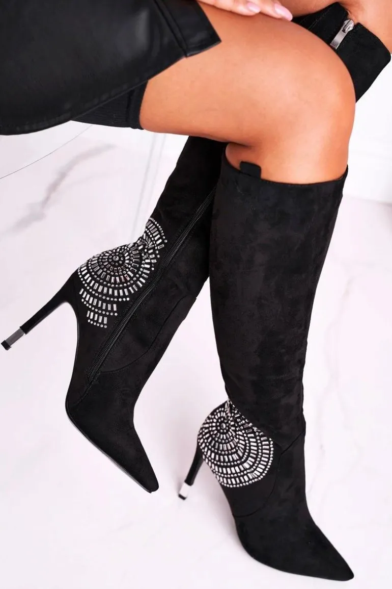 Kozaki Damskie Na Słupku Do Kolana Czarne Fashionable