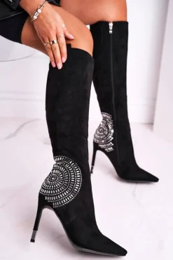 Kozaki Damskie Na Słupku Do Kolana Czarne Fashionable