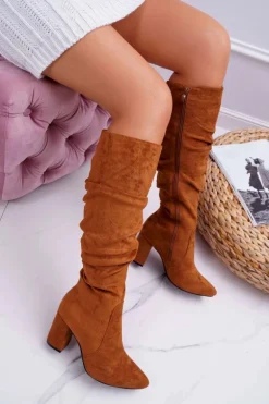 Kozaki Damskie Na Słupku Do Kolana Zamszowe Camel Bemma