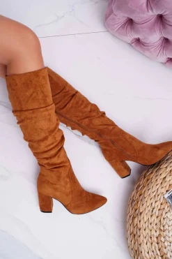 Kozaki Damskie Na Słupku Do Kolana Zamszowe Camel Bemma