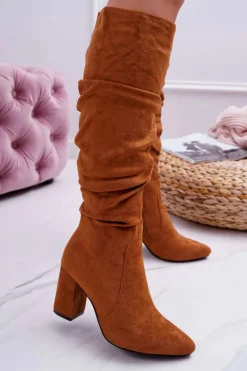 Kozaki Damskie Na Słupku Do Kolana Zamszowe Camel Bemma