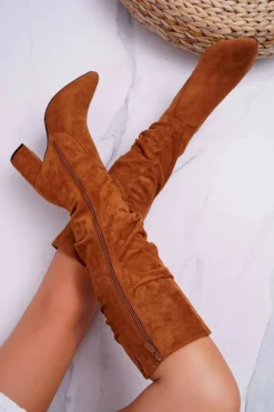 Kozaki Damskie Na Słupku Do Kolana Zamszowe Camel Bemma