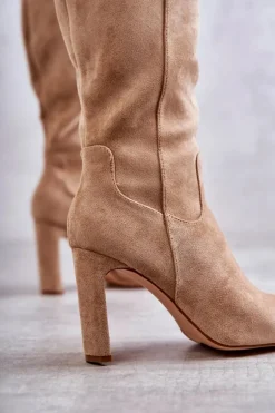 Kozaki Damskie Na Słupku Do Kolana Ciemnobeżowe Truly Love