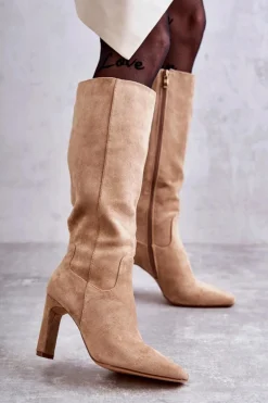 Kozaki Damskie Na Słupku Do Kolana Ciemnobeżowe Truly Love