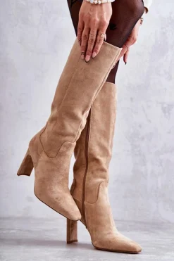 Kozaki Damskie Na Słupku Do Kolana Ciemnobeżowe Truly Love