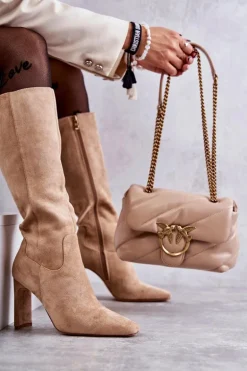 Kozaki Damskie Na Słupku Do Kolana Ciemnobeżowe Truly Love