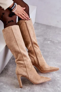 Kozaki Damskie Na Słupku Do Kolana Ciemnobeżowe Truly Love