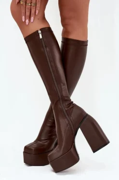 Kozaki Damskie Na Słupku I Platformie Czekoladowe Yavira