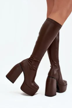 Kozaki Damskie Na Słupku I Platformie Czekoladowe Yavira