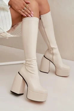 Kozaki Damskie Na Słupku I Platformie Jasnobeżowe Yavira