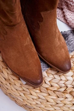 Kozaki Damskie Na Słupku Kowbojki Camel Brunt