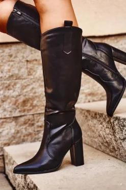 Kozaki Damskie Na Słupku Lico Czarne Forever