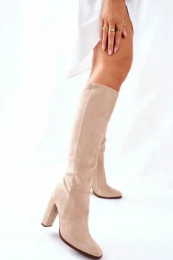 Kozaki Damskie Na Słupku Ocieplane Beżowe Finner