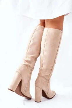 Kozaki Damskie Na Słupku Ocieplane Beżowe Finner