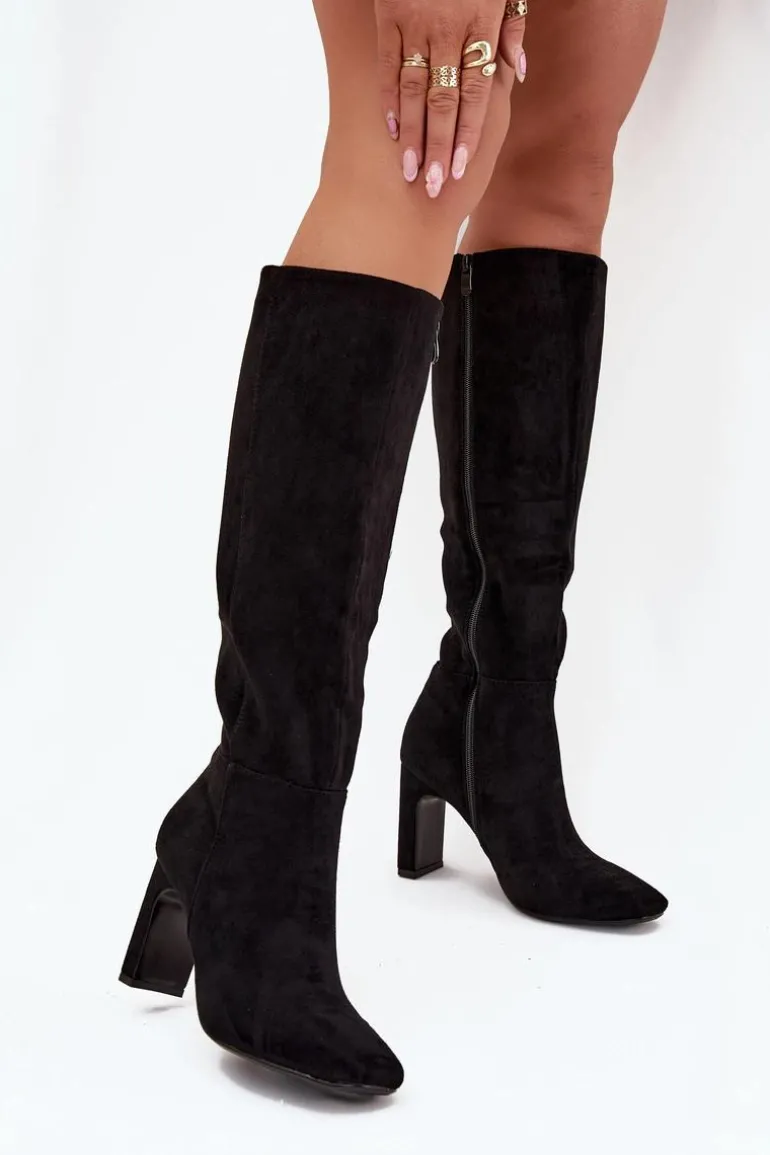 Kozaki Damskie Na Słupku Ocieplane Czarne Zamira