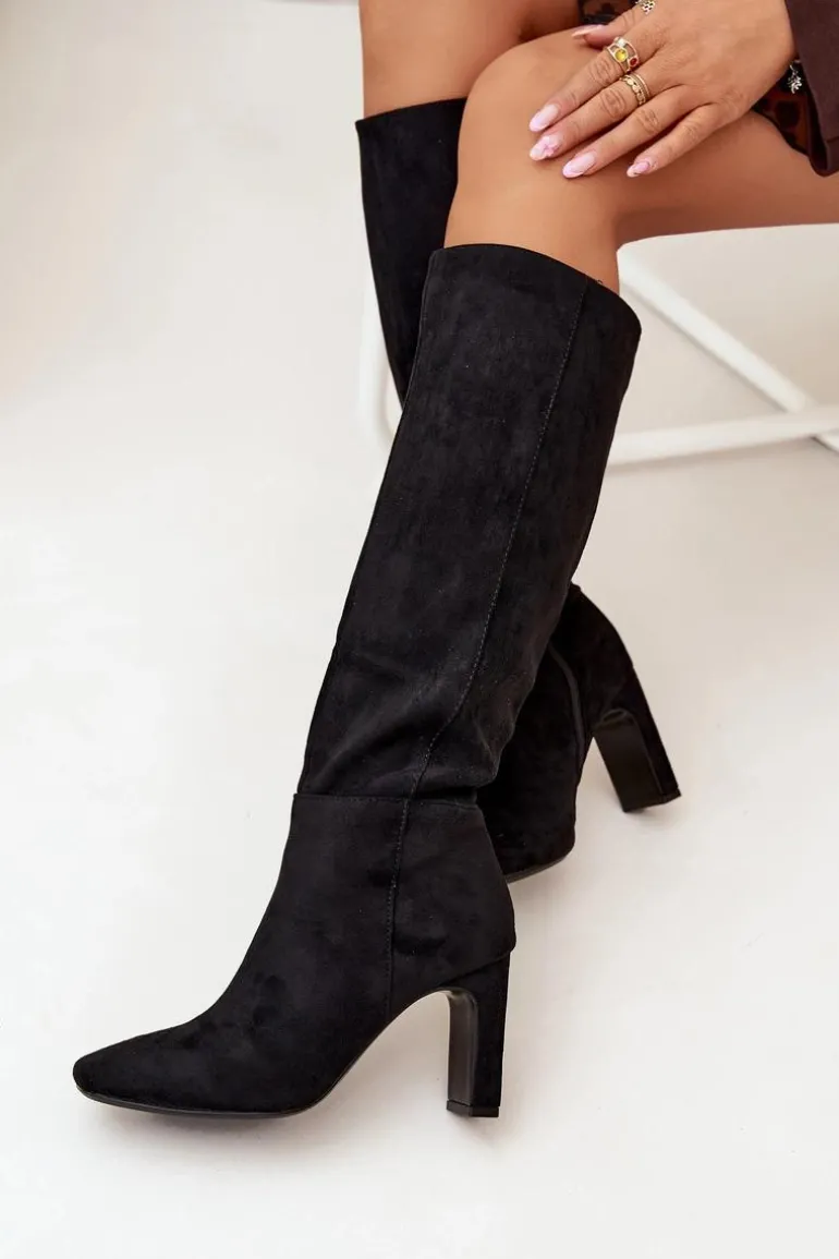 Kozaki Damskie Na Słupku Ocieplane Czarne Zamira