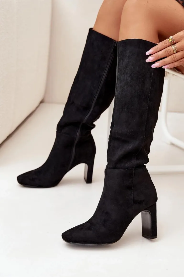 Kozaki Damskie Na Słupku Ocieplane Czarne Zamira