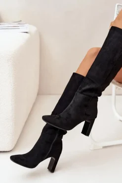 Kozaki Damskie Na Słupku Ocieplane Czarne Zamira