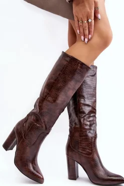 Kozaki Damskie Na Słupku Ocieplane Wężowy Wzór Brązowe Delul