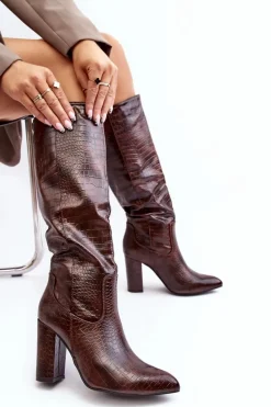 Kozaki Damskie Na Słupku Ocieplane Wężowy Wzór Brązowe Delul