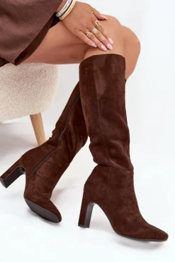 Kozaki Damskie Na Słupku Ocieplane Czekoladowe Zamira