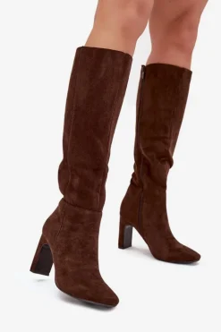 Kozaki Damskie Na Słupku Ocieplane Czekoladowe Zamira