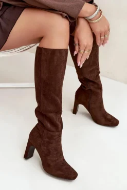 Kozaki Damskie Na Słupku Ocieplane Czekoladowe Zamira