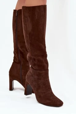 Kozaki Damskie Na Słupku Ocieplane Czekoladowe Zamira